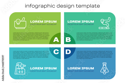 Set line Smoke from factory, Mortar and pestle, Bottle with potion and Cigarette. Business infographic template. Vector