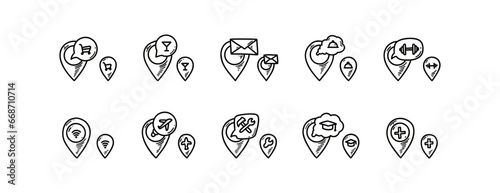 Location pin and flag icons set. Doodle location marker. Sketch restaurant, gym, bar, airport, hospital, store, university pinpoint. Hand drawn gps navigation mark