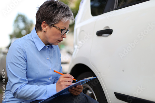 Professional woman expert inspecting car damage and documenting repairs for an insurance claim.
