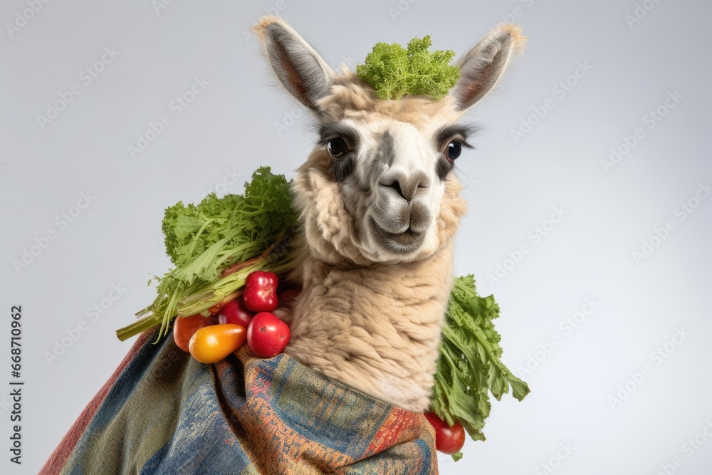 Naklejka premium Llama with a Bag of Fresh Herbs and Vegetables on a White Background