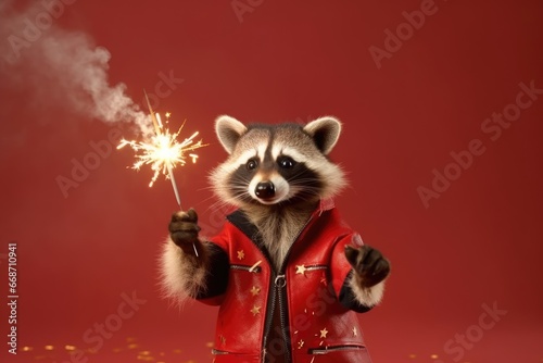 little raccoon holding sparklers on red background. New year party and christmas celebration concept © gankevstock
