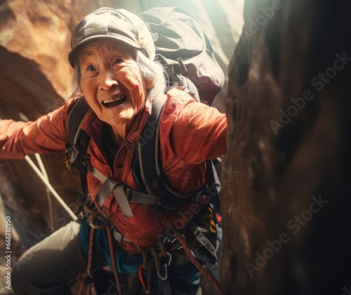 Asian Elderly Rock Jock Sport Climbing Setting Generative AI