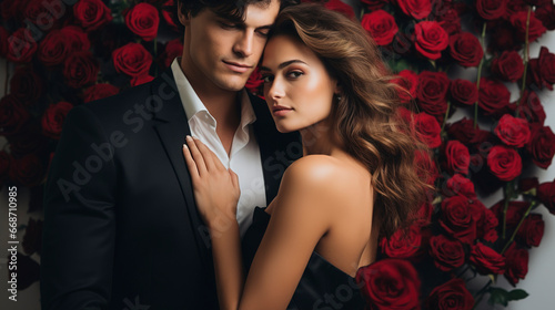 Beautiful young couple on a light studio background, rose petals, romantic scene, Valentine's Day. Generation AI