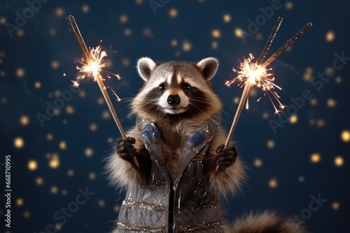 little raccoon holding sparklers on blue background. New year party and christmas celebration concept © gankevstock