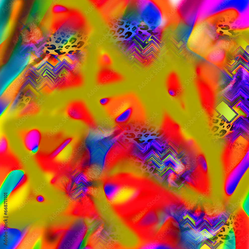 Fototapeta premium Combination textile collage pattern of neon colored leopard snake tiger textures 