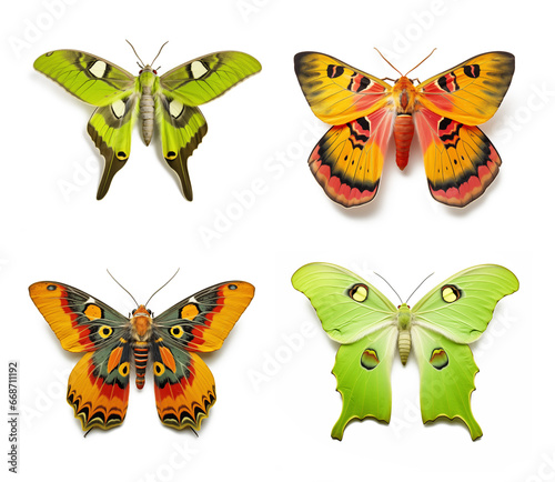 An Array of Diverse and Colorful Butterflies, Carefully Curated and Displayed on a White Background, Flatlay Style