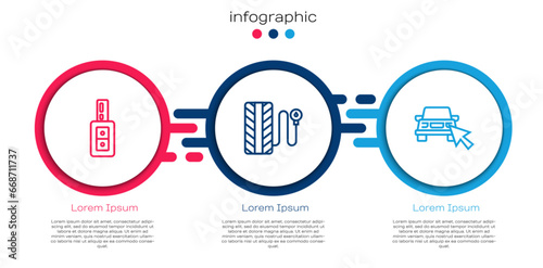 Set line Car key with remote, Tire pressure gauge and Online car sharing. Business infographic template. Vector