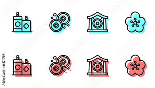 Set line Gong musical instrument, Firework, Chinese Yuan currency and Lotus flower icon. Vector