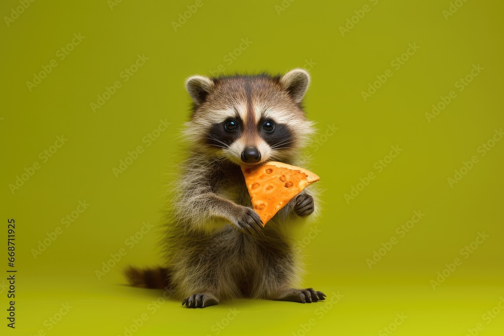 portrait of a little raccoon with a slice of pizza in its paws on a green background - obrazy, fototapety, plakaty 