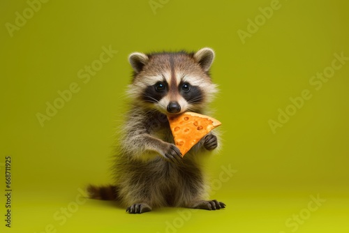 portrait of a little raccoon with a slice of pizza in its paws on a green background photo