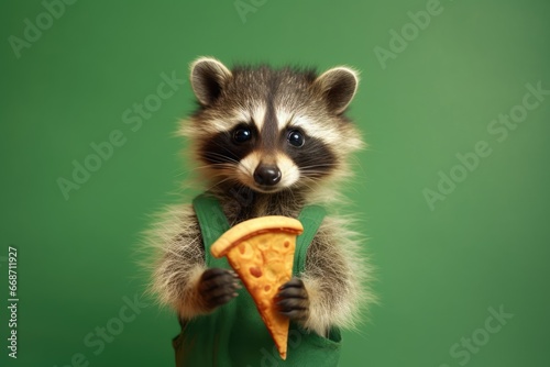 portrait of a little raccoon with a slice of pizza in its paws on a green background