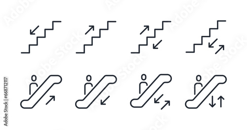 Escalator and stairs up and down editable stroke outline icons set isolated on white background flat vector illustration. Pixel perfect. 64 x 64.