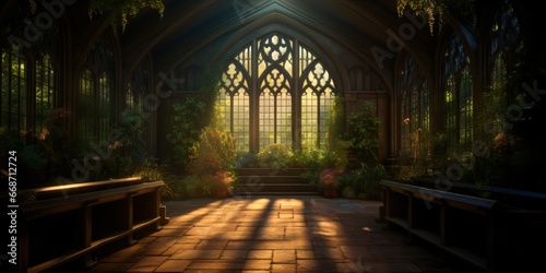 fairy tale and magic medieval greenhouse with big window