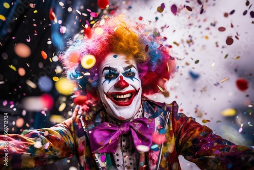 Colorful Clown with Confetti on Stage in Social Media Style photo