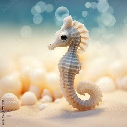 A seahorse toy on the sand with shells, AI