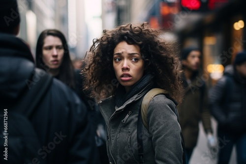 Gloomy Metropolis: Woman Observing Crowd with Strong Expression photo