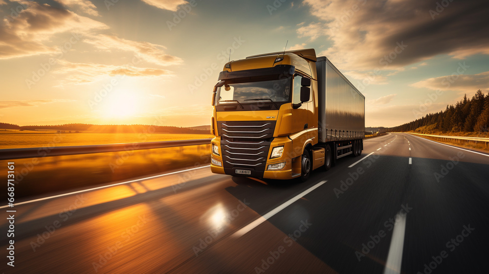 Extremely closeup of a truck driving down a europe road at sunny day