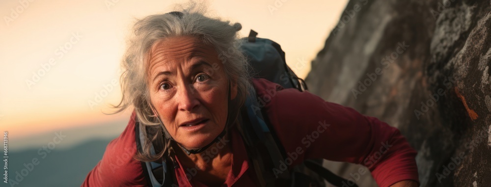 Hispanic Female Elderly Sport Climbing Backdrop Generative AI