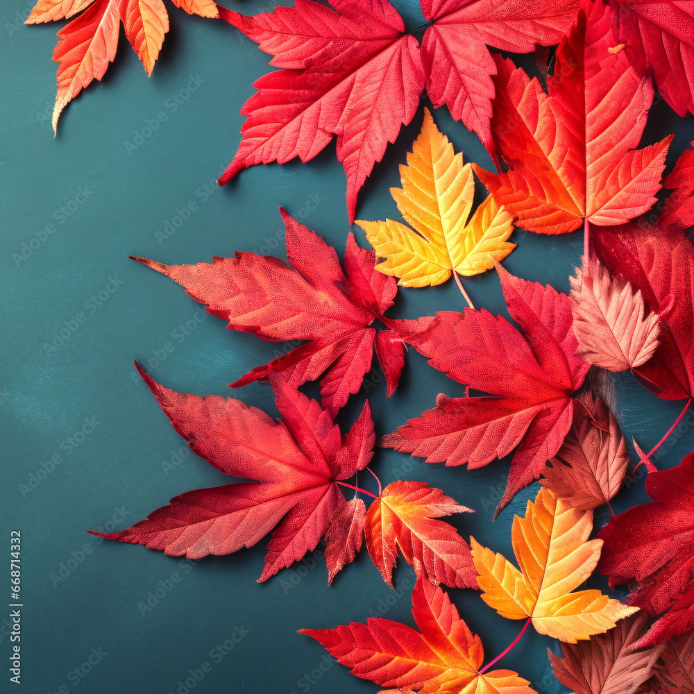 autumn background with colored leaves on blue background autumn background with colored leaves on blue background
