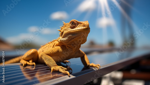 A lizard enjoying sunbathing on a rooftop solar panel