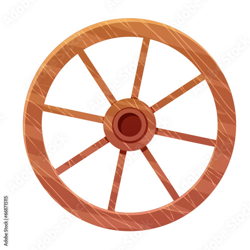 Wooden wheel in cartoon style, textured and detailed isolated on white background. Wild west ui asset, rustic, rural object, ancient, vintage element stock vector illustration.