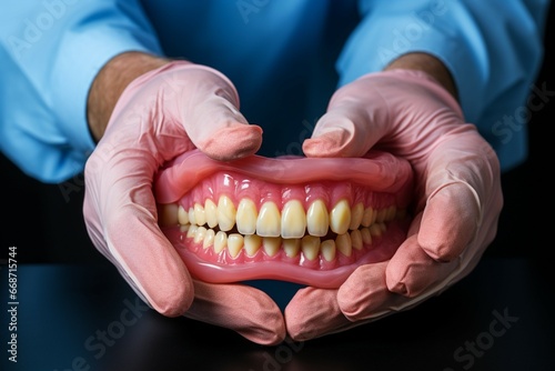 Crafting smiles Dentures expertly held by a dental technicians skilled hands