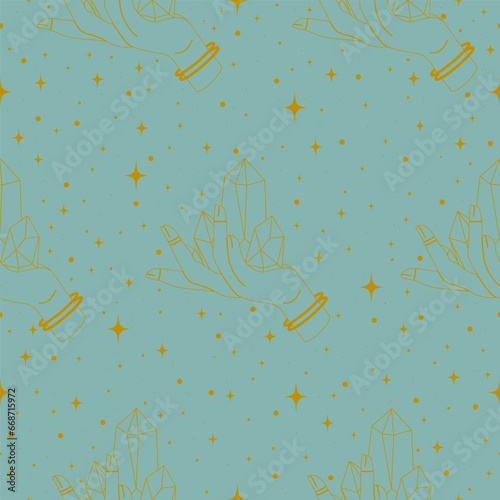 Seamless tribal pattern with mystic hands on blue background. Mystic wallpaper, Halloween art.