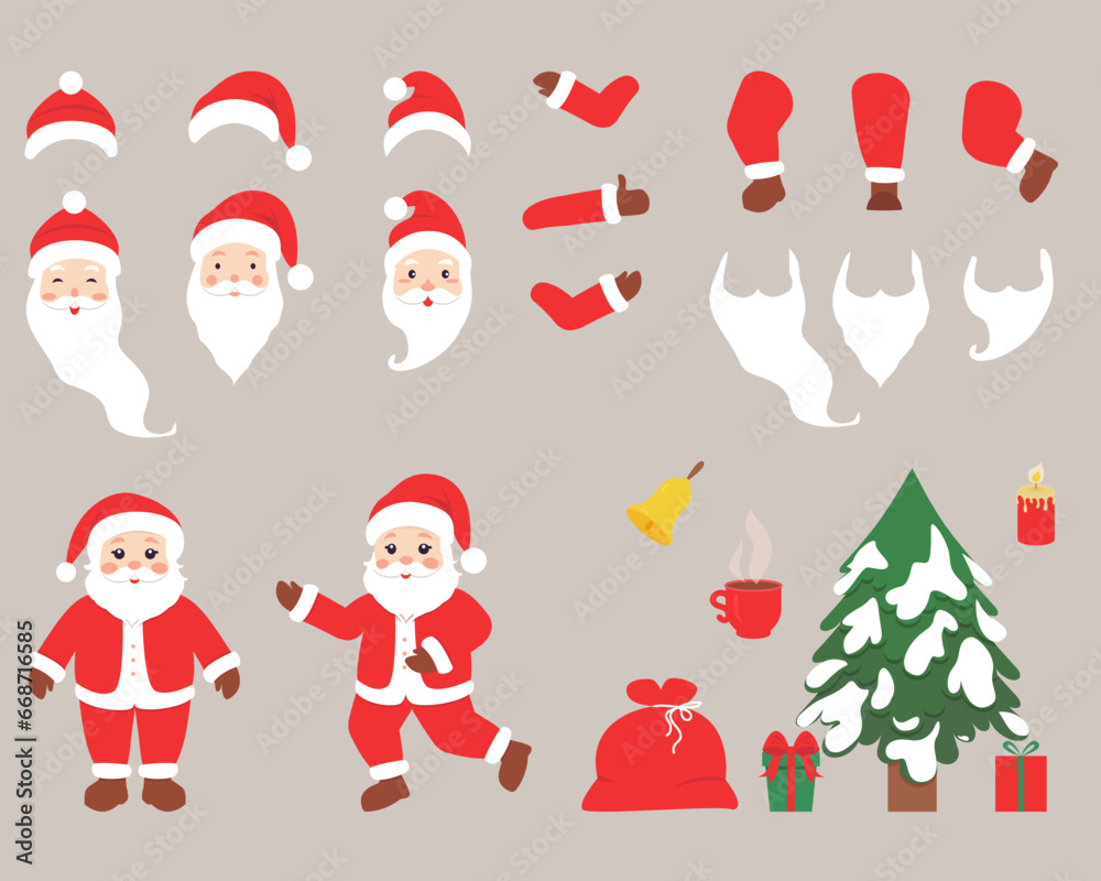 Christmas set. Cute Santa Claus with movable legs and arms. Cartoon flat vector collection isolated on gray