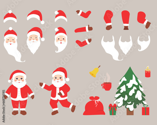Christmas set. Cute Santa Claus with movable legs and arms. Cartoon flat vector collection isolated on gray