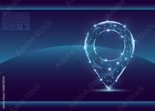 Vector illustration of a label for a map, made up of a technological grid and dots.Navigator pin checking map. Map location, vector icon on dark blue background.