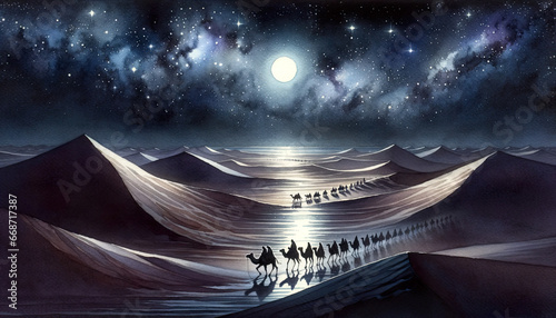 Watercolor illustration of Camels walking in the Desert at Night, childrens book, Stars and Galaxies in Background
