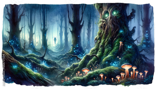 Watercolor illustration of magical forest, childrens book, ancient forest, with spookie vibes