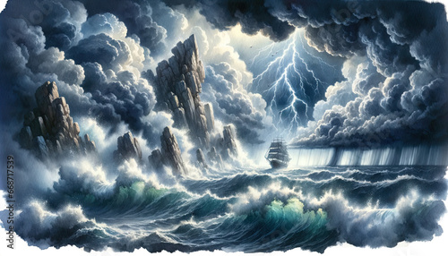 Watercolor illustration of thunderstom at sea, childrens book, ship on the ocean, massive lightning