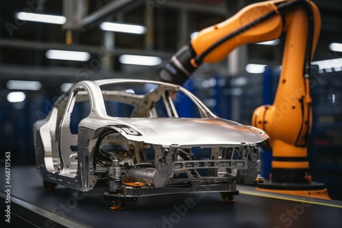 High tech car production Robotic AI control arm in a futuristic automotive factory