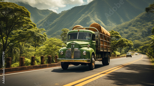 Closeup of a vintage truck driving down a tropical country road at sunny day