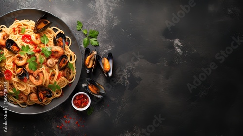 Pasta with seafood on a dark gray background. Generation AI