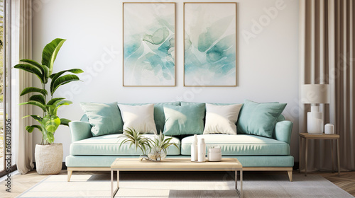 Modern living room with table, plants, picture on the wall, furniture, couch and chairs, mock-up | Generative AI