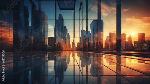 Glass architecture of the metropolis, neon sunset, evening, reflection in glass. Generation AI