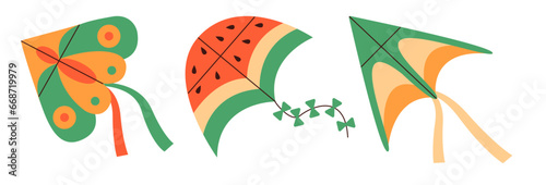Set of kites. Kite toy , flying tethered object with wings of diamond shape design. Kids summer entertainment.