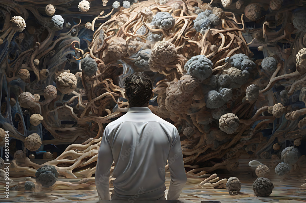 Man Brain Obsessing Man traped in his own brain, thoughts. Man looking into hos own ...