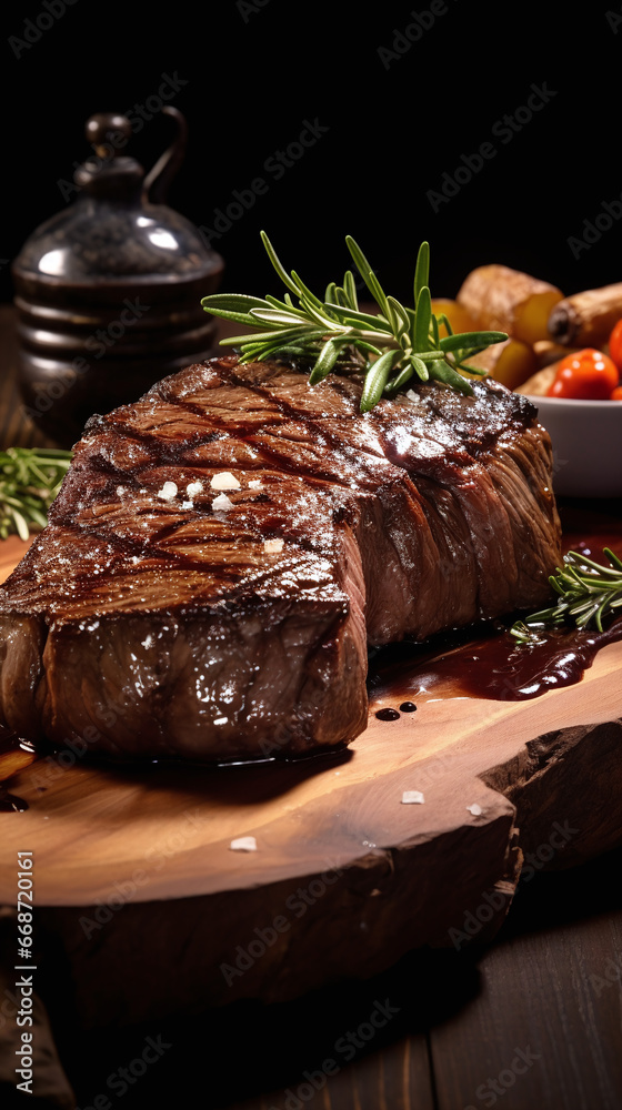 steak with rosemary sprig and herbs on a wooden board steak with rosemary sprig and herbs on a wooden board