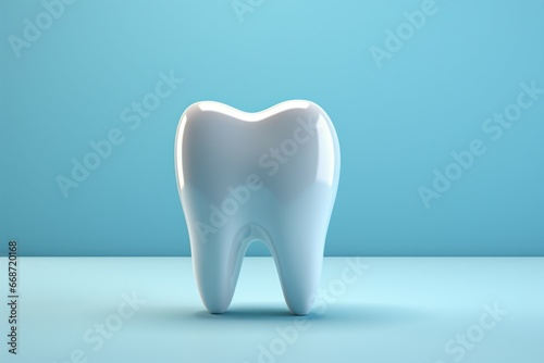 Tooth on blue backdrop with copy space  illustrating dental and health care