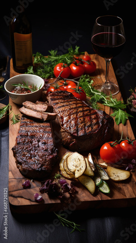 steak with rosemary sprig and herbs on a wooden board