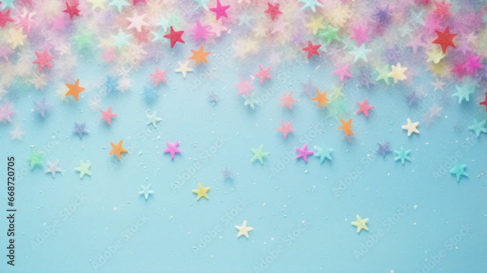 Multicolored stars with confetti on a pink background. christmas holiday.