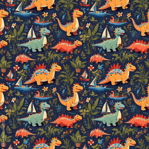 childish repeat pattern created with dinosaur, leaf and other childish elements, cute childish seamless pattern, generative ai