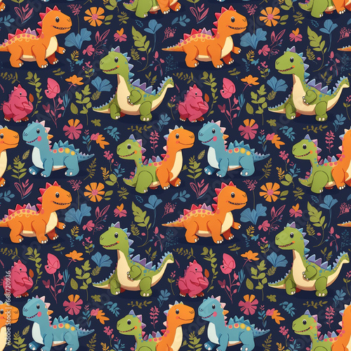 childish repeat pattern created with dinosaur, leaf and other childish elements, cute childish seamless pattern, generative ai