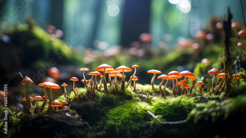 Psilocybin mushrooms growing on moss in the forest photo