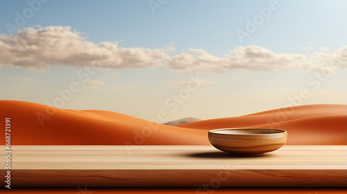 Background empty wooden round plate on a wooden table and sand dunes. Wallpaper, illustration.