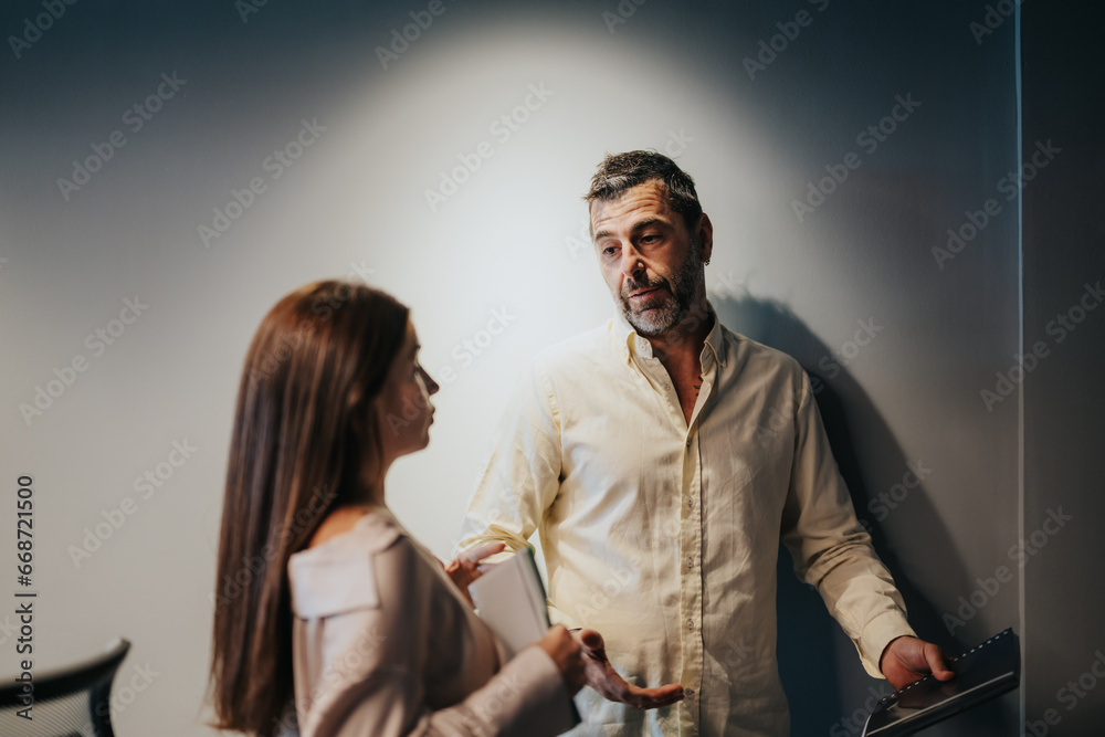 Fototapeta premium Diverse professionals analyze market data, discuss strategies, and work together to maximize profit. Multiracial team focuses on planning, productivity, and target group analysis for their business.