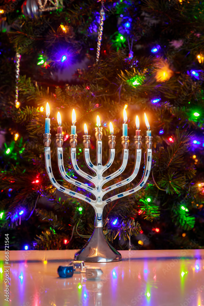 Background with Hanukkah menorah and burning candles for Jewish holiday Hanukkah. Background with Hanukkah menorah and burning candles for Jewish holiday Hanukkah.